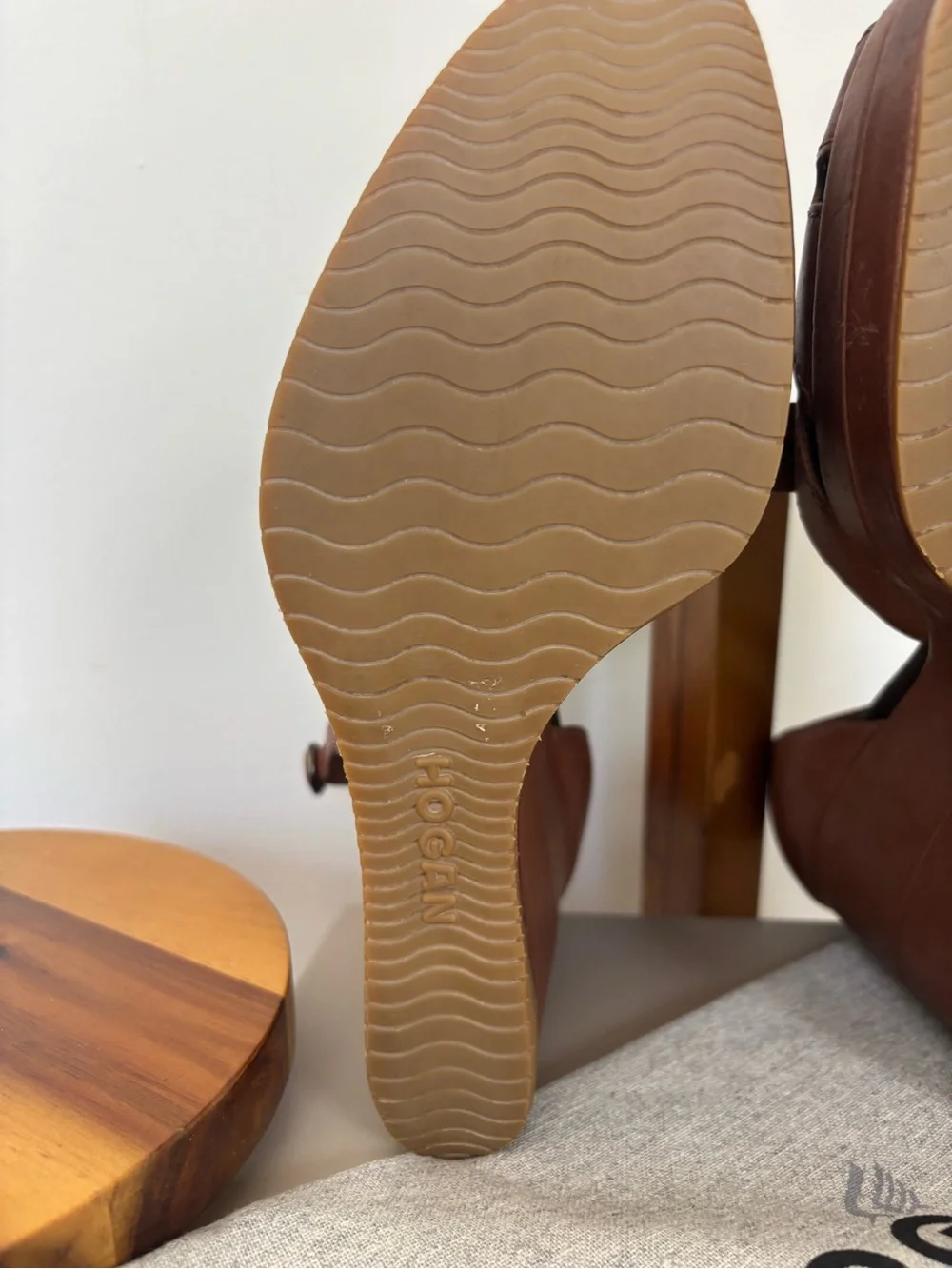 Hogan Brown Leather Wedge Sandals with Ankle Strap, sz 39 Made in Italy